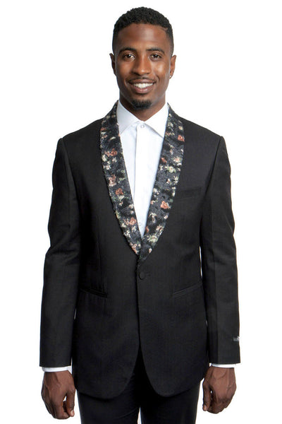 Men's Slim Fit Dinner Jacket in Black with Floral Lapel