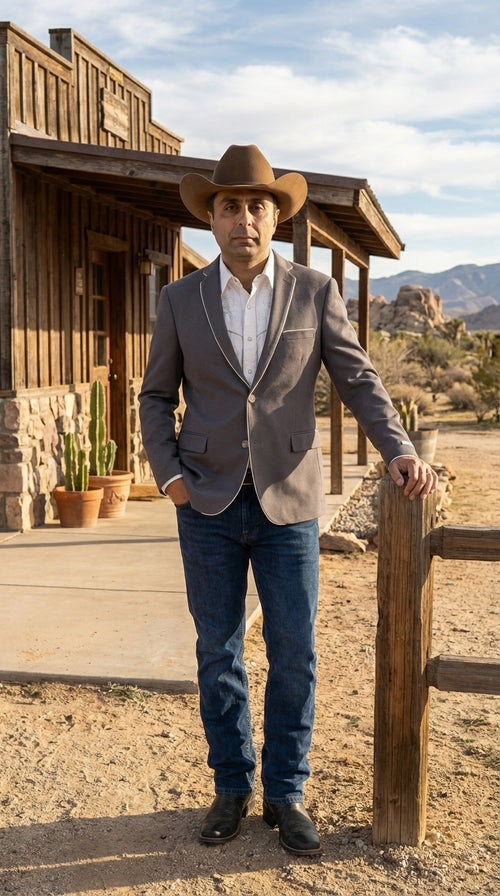 Mens Grey and White Trim Western Blazer β Classic Fit Cowboy Style Contrast Trim Dress Jacket