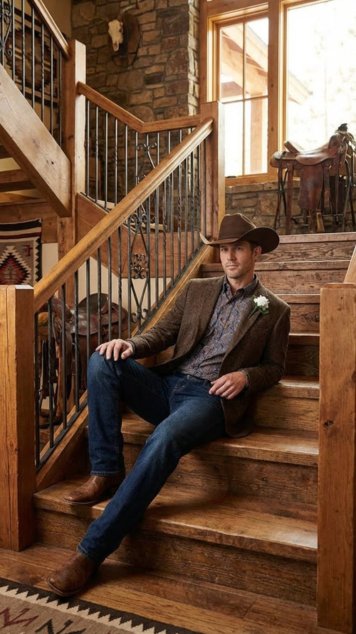 Saco Vaquero Men’s Brown Western Tweed Herringbone Blazer Jacket – Classic Cowboy Style Sport Coat for Wedding Party