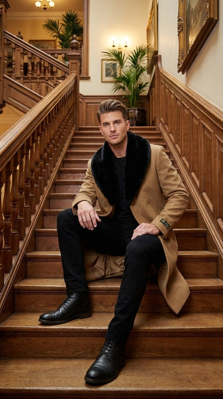 Men’s Camel Tan Long Overcoat with Black Faux Fur Collar - Wool Topcoat Three if not Full length