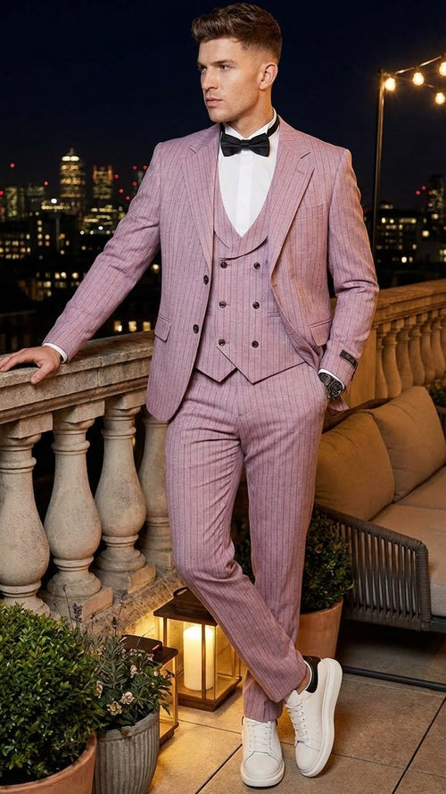 Men’s Dusty Rose Pink Pinstripe Three Piece Suit with Vest | Wedding and Party Formal Wear Prom or Church Suit