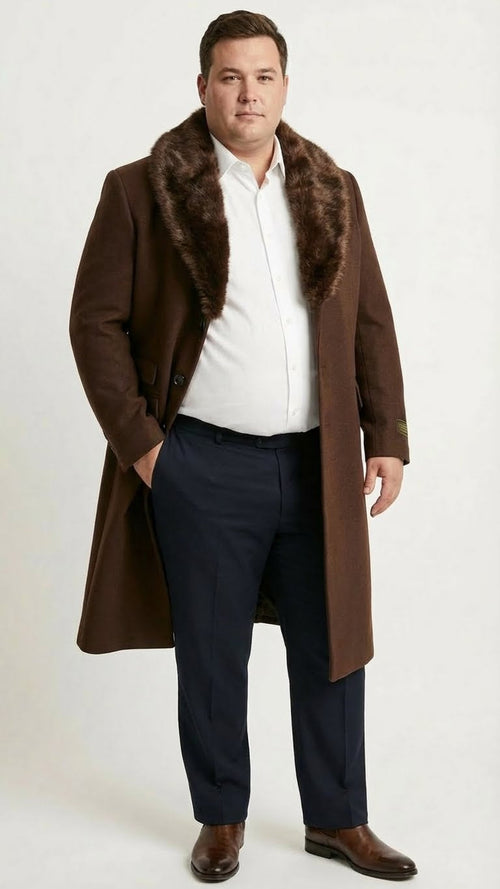 Men’s Brown Long Overcoat with Faux Fur Collar - Classic Winter Formal Coat Three Quarter Carcoat Wool and Cashmere Fabric USA Men's Outlet