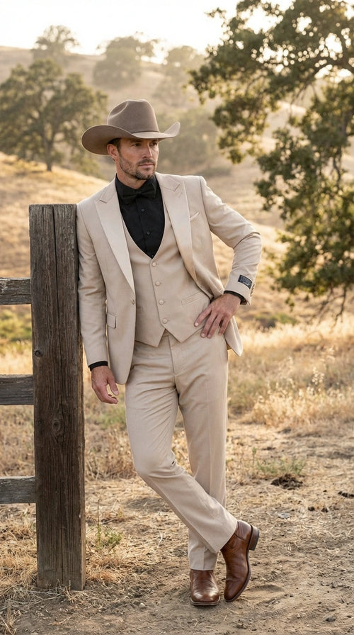 Men’s Tan Cowboy Suit – Western Formal Two Piece Suit for Weddings, Champaign Sand Color