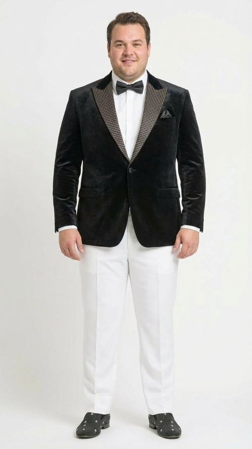 Men’s Black Velvet Tuxedo Blazer with Studded Lapel - Formal Evening Jacket by USA Men's Outlet
