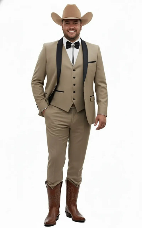 Men’s Western Cowboy Suit – 3-Piece Tan Tuxedo with Black Lapel, Vest, and Pants Beige Color