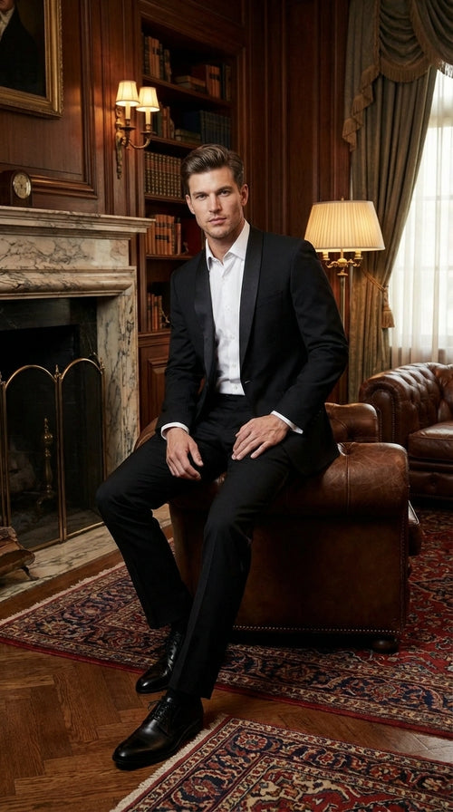 Tiglio Designer Men’s Black Single Button Tuxedo Suit – Formal Black Business and Wedding Suit Shawl Collar Super 150's Wool Fabric