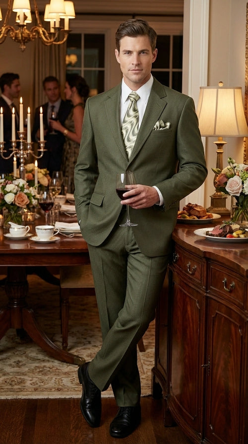 Men’s Olive Green Tuxedo With Trim Collar – Formal Wedding, Prom Suit Modern Fit