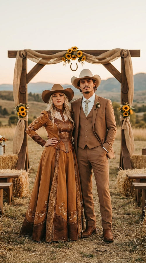Mens Camel Brown Copper Western 3 Piece Suit β Classic Country Style Blazer Vest Pants Set, Formal Cowboy Suit Outfit
