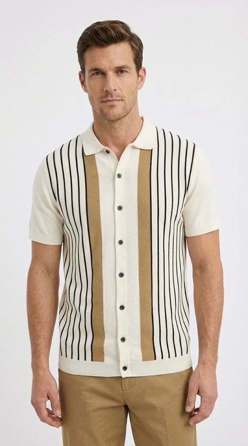 Mens Cream and Tan Striped Walking Suit Set – Casual Summer Short Sleeve Shirt and Pants Outfit for Vacation, Travel and Everyday Wear