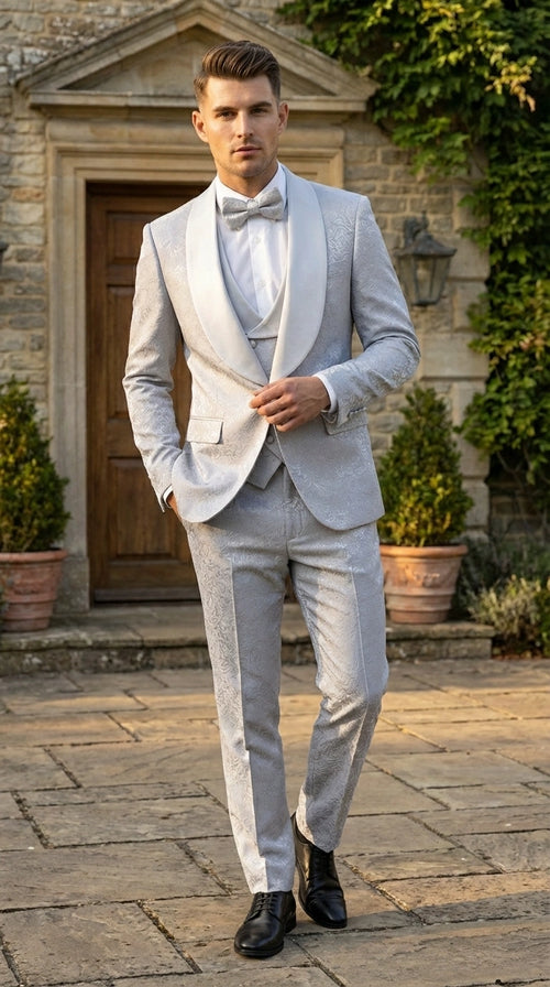 Mens Light Silver Wedding Tuxedo Suit β Paisley Fabric Three Piece Formal Suit Set with Shawl Lapel for Groom, Prom, Gala and ice Grey