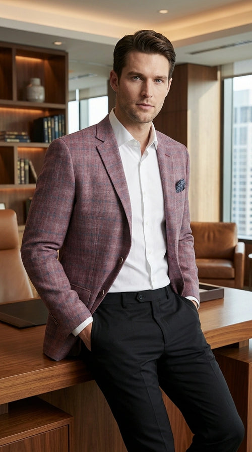 Mens Dusty Rose Mauve Pink with Tint of Blue Plaid Sport Coat Blazer β Classic Check Pattern Casual Blazer Jacket for Business Casual, Wedding