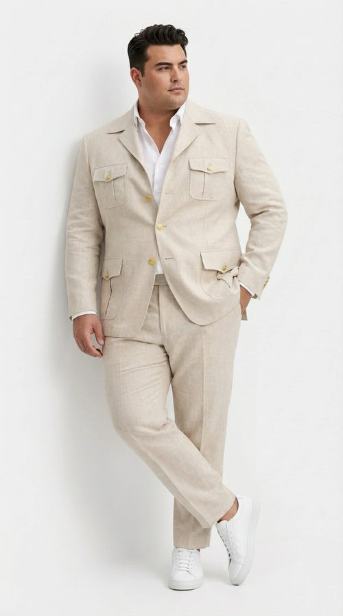 Mens Tan Beige Safari Military Walking Suit Set β Casual Two Piece Outfit Lightweight Summer Blazer and Pants Set Classic Casual Wear