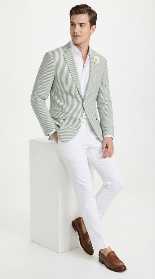 Mens Sage Green Seersucker Blazer – Lightweight Striped Summer Sport Coat Casual Smart Formal Jacket