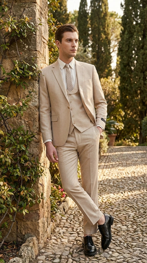 Mens Sand Beige 3 Piece Suit β Double breasted Vest Formal Suit Set and Dress Pants in Champaign Natural Summer Color