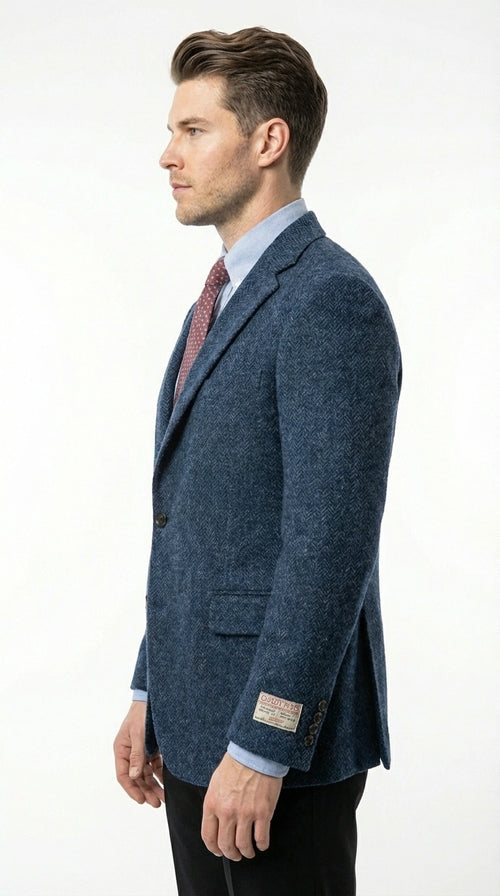 Mens Light Blue Tweed Blazer Sport Coat β Classic Herringbone Jacket Formal Business Casual Smart Outerwear in indigo cobalt blue