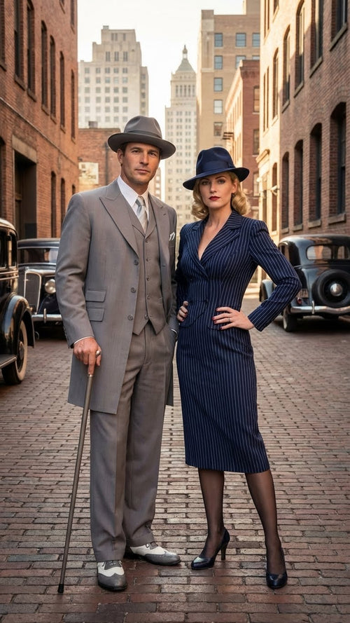 Men’s Gray Zoot Suit with Matching Hat and 1920s Shoes - Grey Vintage Wedding and Party Three Piece Suit by USA Men's Outlet