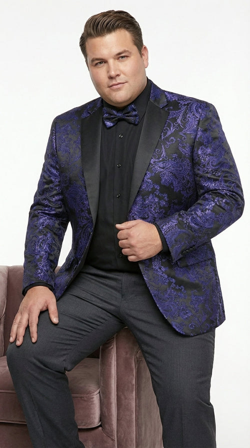 Mens Royal Blue Paisley Jacquard Blazer β Luxury Pattern Tuxedo Dinner Jacket with Black Satin Lapel for Wedding, Prom With Bowtie