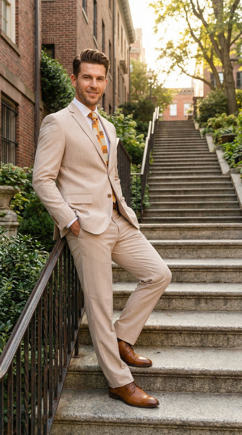 Vitali Men’s Natural Beige Pinstripe Suit – Summer Tan Pinstripe Weddings and Business Wear