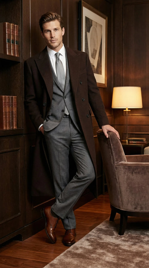 Menās Brown Long Overcoat ā Double Breasted Classic Formal Winter Coat for Business, Topcoat and Cold Weather Wear
