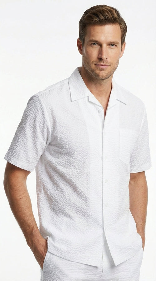 Mens White Seersucker Walking Suit Set – Casual Summer Short Sleeve Outfit with Matching Pants Lightweight Two Piece Set