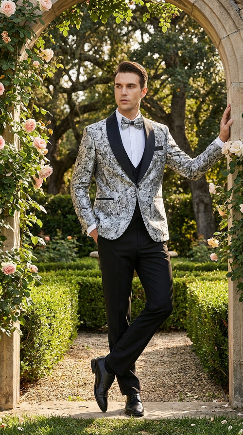 Mens Black and Silver Floral Tuxedo β Luxury Patterned Wedding, Prom and Formal Dinner Tuxedo