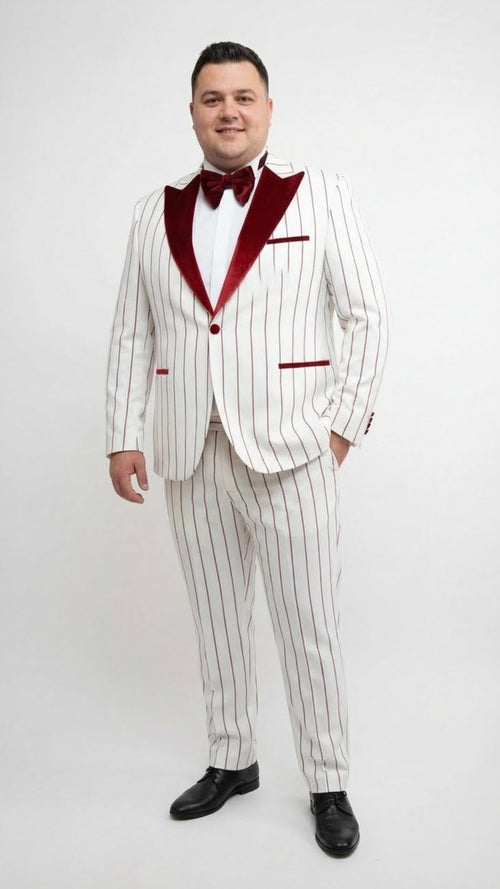 Men’s White and Dark Red Pinstripe Tuxedo with Velvet Shawl Lapel - Formal Dinner Blazer Prom Christmas New Year Holiday Suit by USA Men's Outlet
