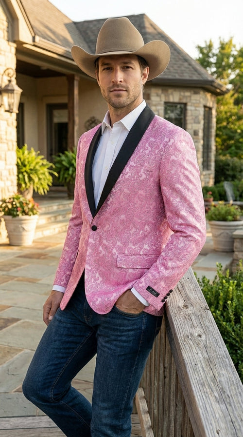 Mens Hot Pink Paisley Western Blazer Jacket β Stylish Pattern Formal Blazer with Black Shawl Lapel for Party, Wedding Cowboy Sportcoat