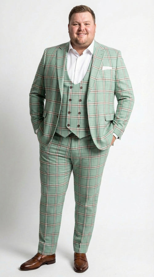 Mint Green Plaid Three Piece Suit for Men | Classic Checkered Formal Suit with Jacket Vest and Pants By Rossiman