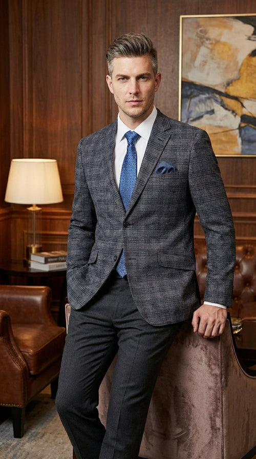 Mens Charcoal Gray with Blue Plaid Pattern Blazer Jacket β Classic Check Pattern Sport Coat for Business, Office, and Smart Casual Wear