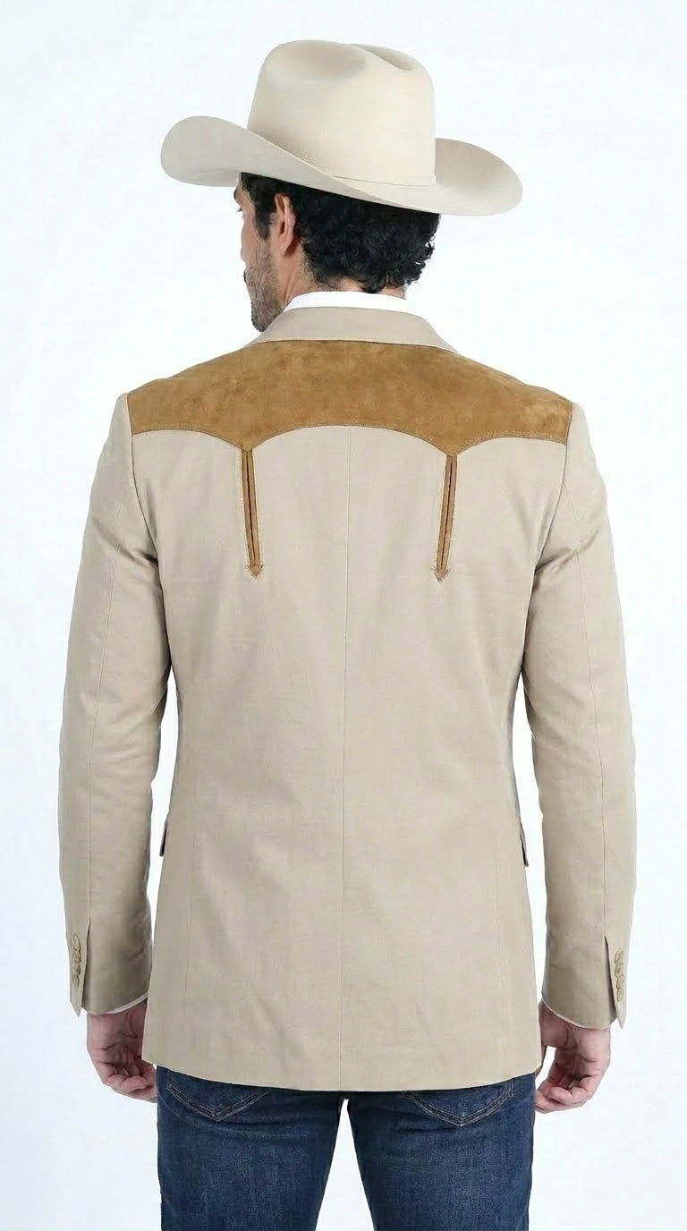 Menβs Khaki Western Blazer with Suede Yokes, Cowboy Sport Coat , Ranch and Country Events in Tan Khaki Color By Platini