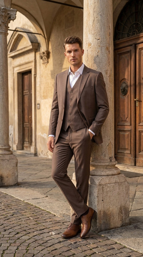 Men’s Zagarie Brand Light Brown Mocha 3-Piece Wool Suit – Modern Wedding, Business and Formal Suit with Pick Stitching