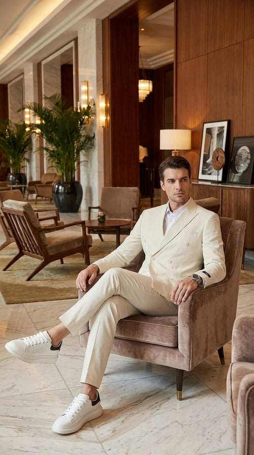 Men’s Ivory Cream Double-Breasted Linen Suit – Off-White Summer Wedding Slim Fitted 2-Piece Suit Cream Color