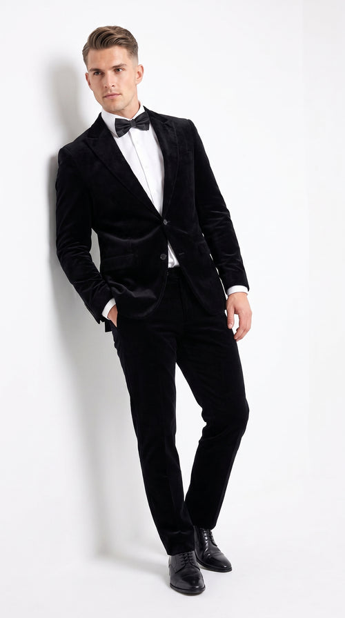 Men’s Black Velvet 2-Piece Suit – Notch Lapel Wedding, Prom and Formal Evening Suit