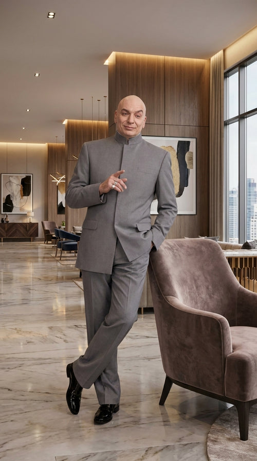 Men's Light Gray Austin Powers Dr. Evil Inspired Suit – Mandarin Collar 2 Piece Costume Suit for Halloween, Cosplay & Themed Parties