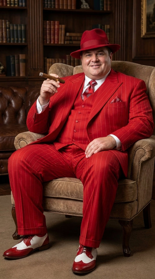 1920s Christmas Holiday Gangster Men’s Red Pinstripe 3-Piece Suit – Peak Lapel Classic Fit Pleated Pants