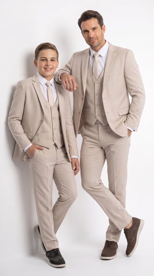 Dad & Son Matching Beige 3-Piece Suits β Father and Son Wedding Formal Suits in Tan Color