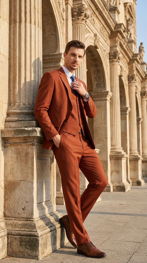 Stacy Adams Burnt Orange Suit – Men’s Rust 3-Piece Wedding & Formal Suit with Vest