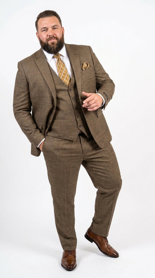 Men's Great Gatsby Brown Checker Plaid Texture 3-Piece Suit β Classic Fit Business, Wedding & Formal Suit Set - Victorian style 1920s