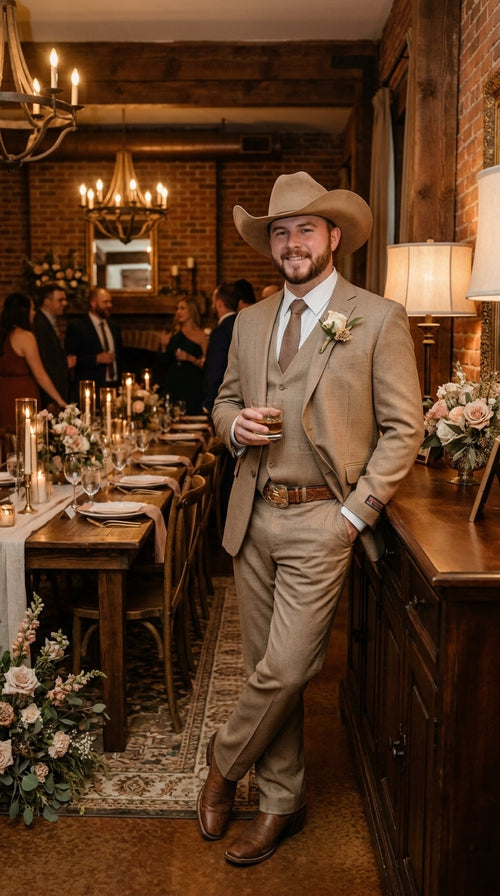Mens Sharkskin Dark Taupe Tan with sheen Western 3 Piece Suit β Classic Country Style Blazer Vest Pants Set, Formal Cowboy Suit Outfit