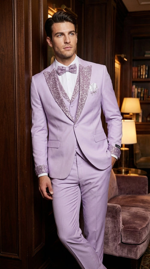 Men’s Lilac Suit with Silver Glitter Sequin Lapel – Lilac and Silver Formal Tuxedo Suit for Prom, Wedding Lavender Tuxedo