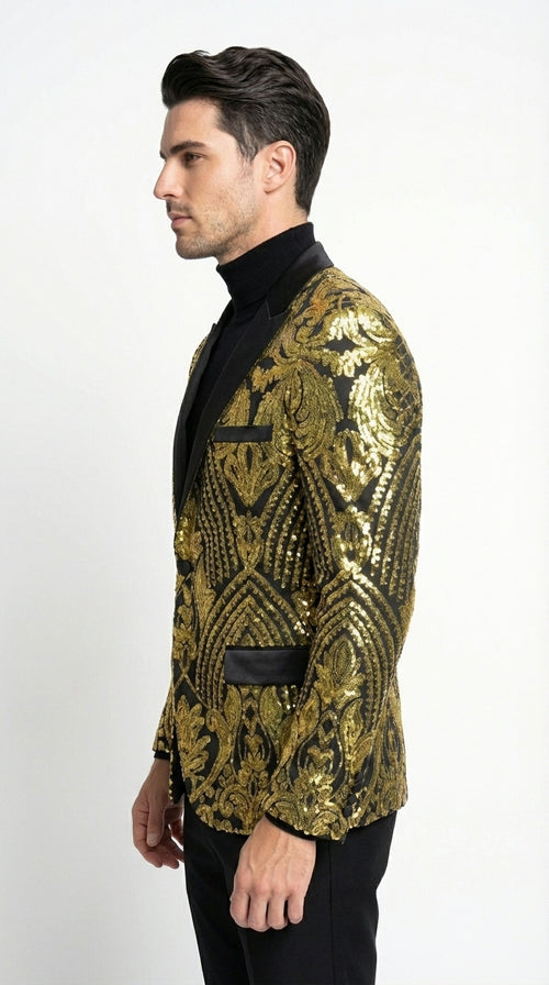 Mens Black and Gold Pattern Blazer – Gold Floral Luxury Formal Blazer Jacket for Prom, Wedding and Party Slim Fitted
