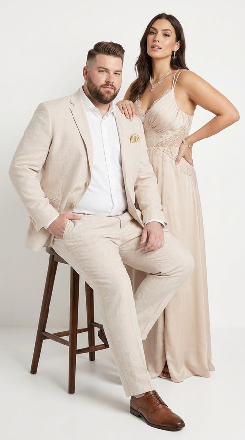 Men’s Big and Tall Beige Linen Suit – Summer Wedding and Formal 2-Piece Suit