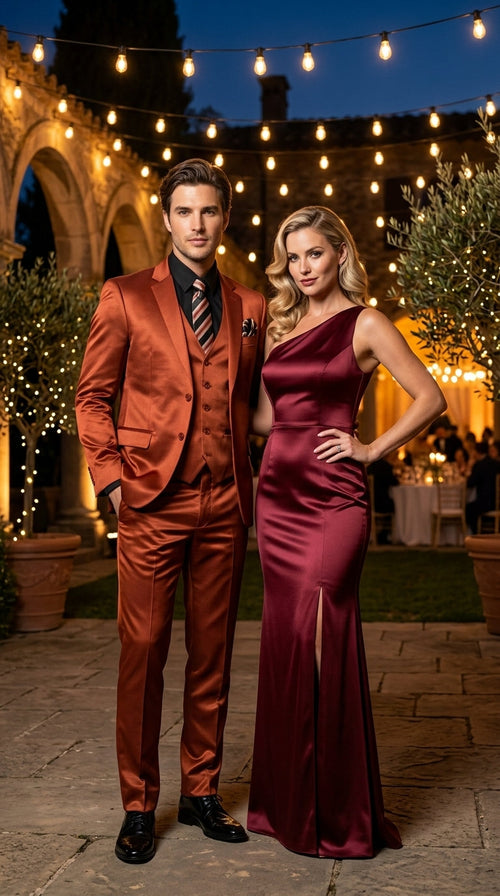 Menās Rust Copper Coganc Shiny Sateen 3 Piece Suit, Vested Formal Wedding Prom Suit Set Ultra Slim Fit