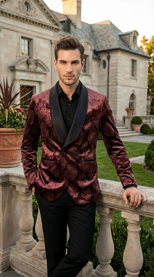 Mens Rust Copper Brick color Floral Jacquard Pasiley Blazer β Pattern Dinner Jacket with Black Shawl Lapel for Formal dinners and Wedding