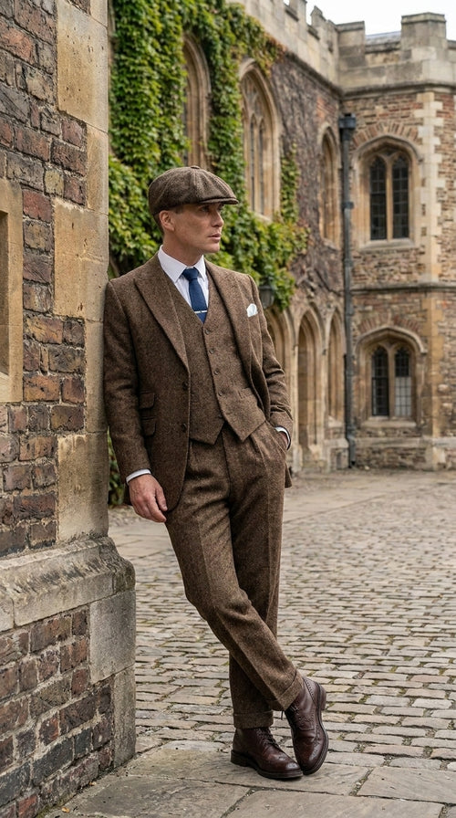 Men’s Thomas Shelby Inspired Brown Herringbone Tweed 3 Piece Suit – Peaky Blinders 1920s Vintage Suit