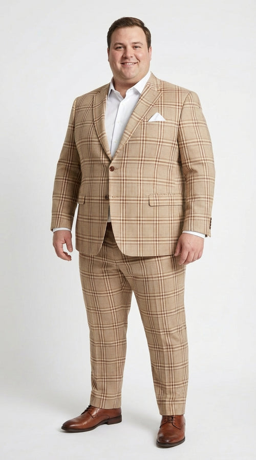 Beige Tan Plaid windowpane Two Piece Suit for Men | Classic Checkered Formal Suit with Jacket and Pants by Rossiman