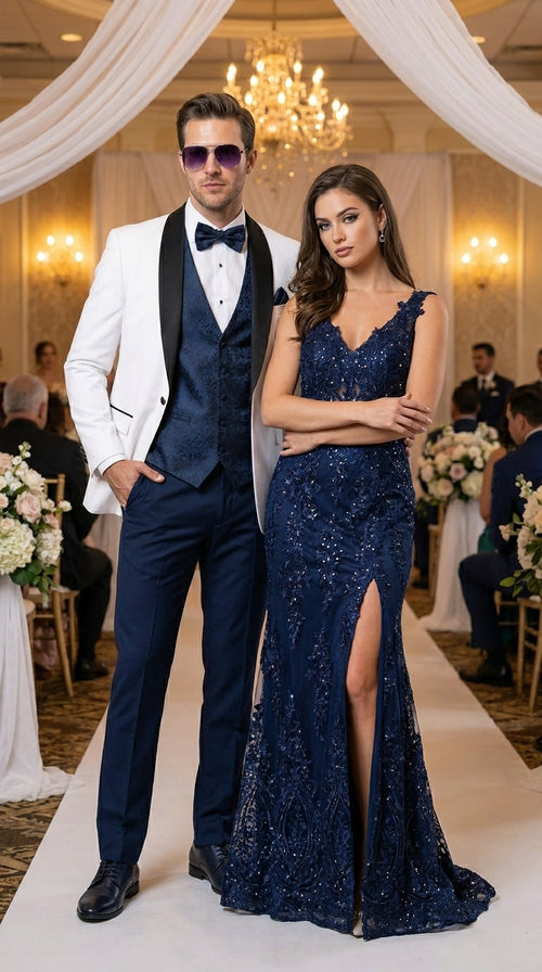Men’s White and Navy Blue Tuxedo Wedding Suit with Blazer, Vest, Pants and Bow Tie, Formal Groom Suit