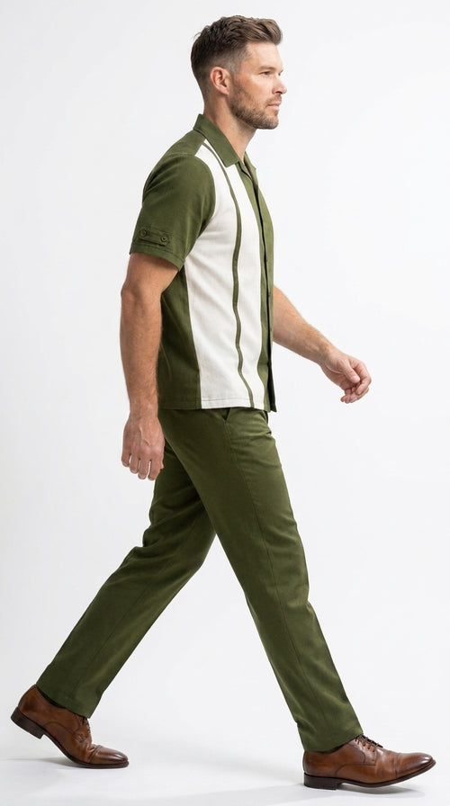 Men’s Olive Green and White Walking Suit – 2-Piece Short Sleeve Casual Leisure Outfit