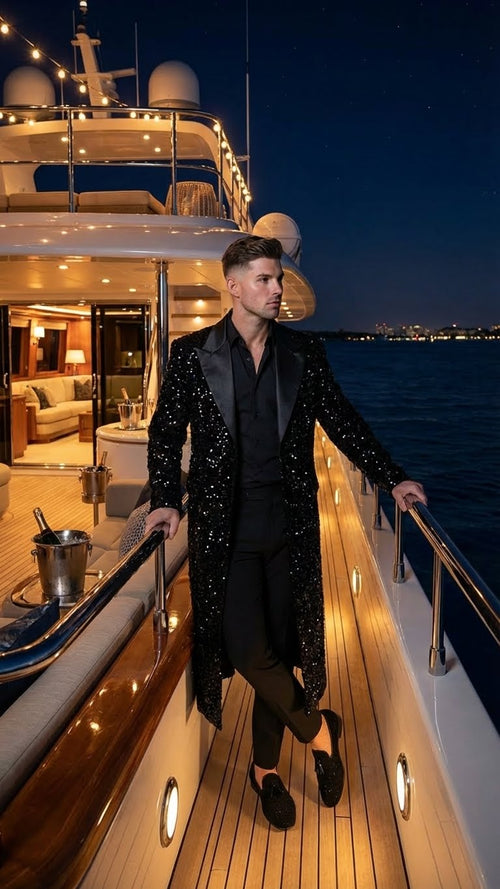 Men’s Black Sequin Long Coat with Satin Shawl Lapel – Luxury Statement Evening Overcoat