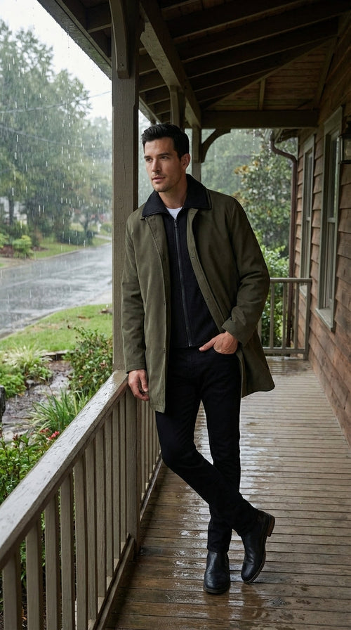 Mens Olive Brown Trench Coat Raincoat β Classic Water Resistant Long Coat with Zip and Button Closure for Business, Travel and Everyday Outerwear